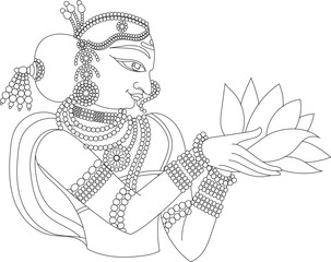 Fototapeta premium Lord's Gopika, Sevika, or lady servants have been drawn in Indian folk art in Kalamkari style. for textile printing, logo, wallpaper 