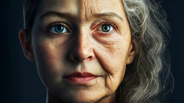 Young and old in a single face of the same person as a girl and grandmother, An aging portrait of time. Half girl face and half grandmother face, A Striking Composite	