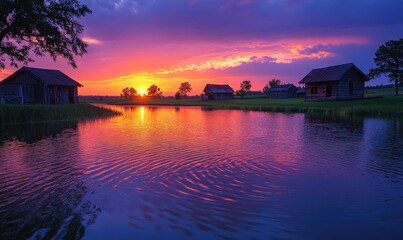 Fototapeta premium Here's a 10-word description of the image: Serene sunset reflects