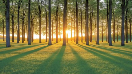 Obraz premium Enchanting forest bathed in early morning mist, with soft sunlight breaking through the trees, creating a magical and serene atmosphere that captures the tranquil beauty of nature at dawn.