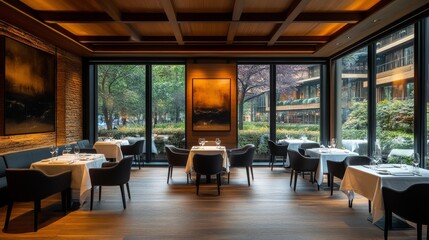 Fototapeta premium Elegant restaurant interior with large windows and scenic outdoor view