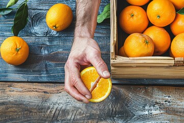 Primo piano delle mani di un uomo che seleziona arance mature in una cassa di legno