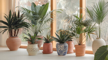 a cozy and stylish indoor setting featuring an assortment of tropical plants in elegant terracotta and ceramic pots, placed near a sunlit window to create a warm, inviting, and nature-filled home deco