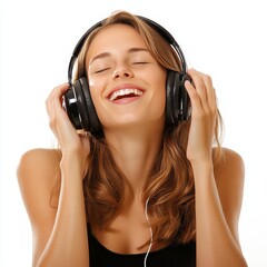 Fototapeta premium A person wearing modern headphones, isolated on a clean white background with a cut-out effect, perfect for technology, music, or audio-related concepts, emphasizing simplicity and versatility.