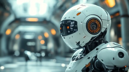 Futuristic white humanoid robot in high-tech corridor