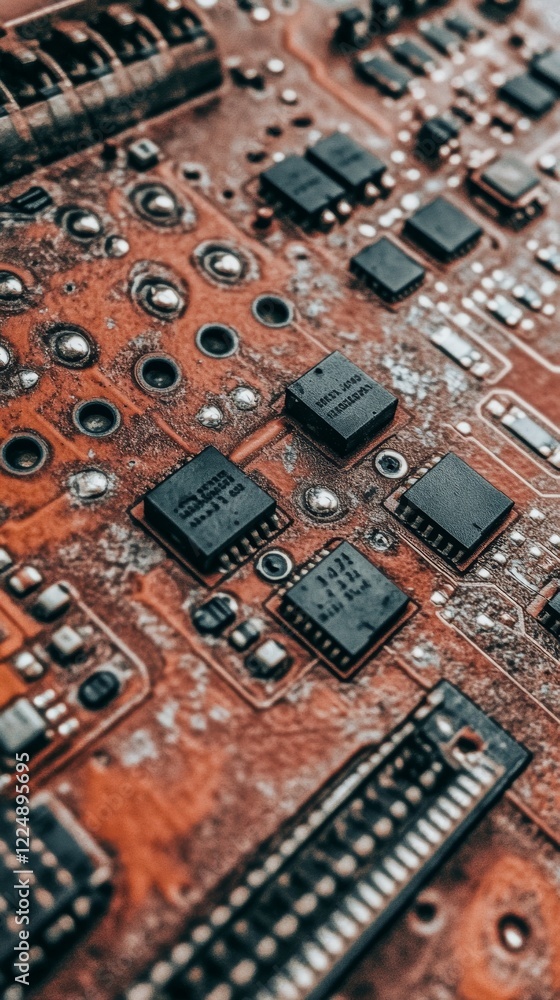 Poster close-up focus on computer circuit board showcasing intricate details of electronic components and c