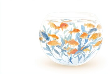 Colorful Fish Swimming in a Decorative Transparent Bowl Surrounded by Green Plants and Leaves