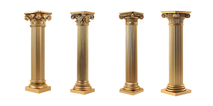 Four golden columns isolated on white background