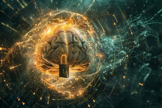 Un cervello digitale con dati crittografati che scorrono nelle sue sinapsi, visualizzando la fusione tra intelligenza artificiale e sicurezza informatica