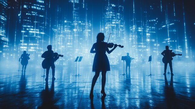Silhouetted string quartet performing in futuristic cityscape with blue neon lights