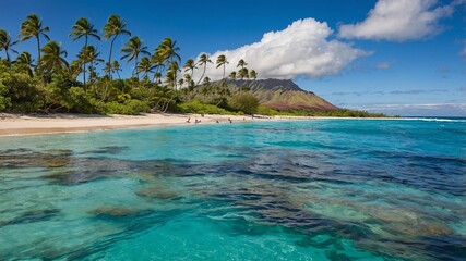 Fototapeta premium Crystal clear turquoise waters meet golden sand under a bright sky at a tropical beach in the lush surroundings of an island paradise