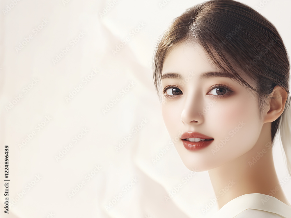 Aufkleber 美肌の若くて可愛いアジア女性モデルの美容ポートレート。背景あり。