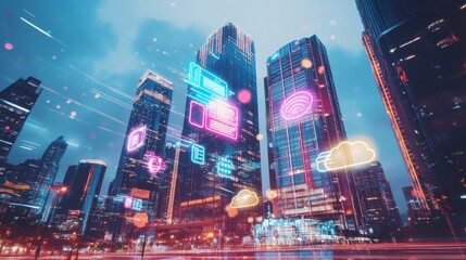 Futuristic cityscape with digital icons like 6G, Wi-Fi, and cloud. Neon lights illuminate skyscrapers, showcasing advanced technology and connectivity. Futuristic city with network technology