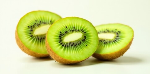 Fototapeta premium Close-up view of vibrant, juicy kiwi fruit slices, showcasing their bright green flesh and tiny black seeds, arranged on a clean white background.