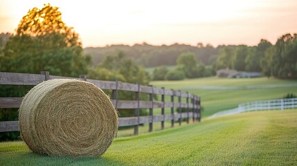Serene rural landscape with hay bale and sunset