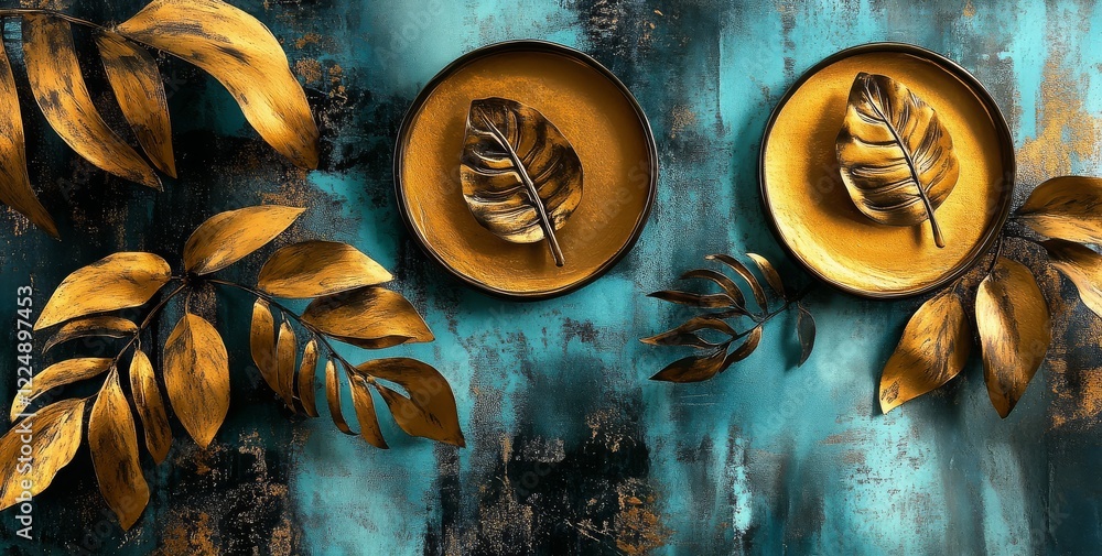 Poster artistic interpretation of circular patterns in gold.