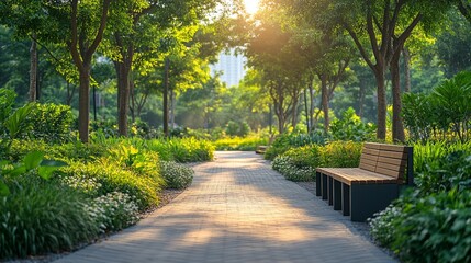 Fototapeta premium Serene park pathway with sunlight filtering through lush green trees