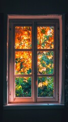 Bright light pours in through a rustic window, casting a warm glow on vibrant autumn leaves outside. The peaceful ambiance invites reflection and tranquility in this cozy space