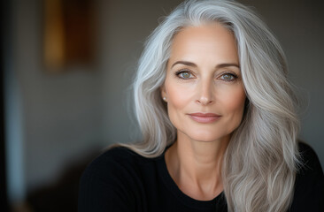 Fototapeta premium Portrait of a confident woman with elegant silver hair showcasing natural beauty in a softly lit room