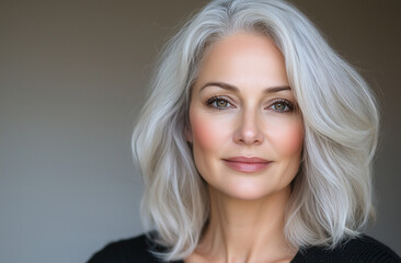Fototapeta premium Woman with shoulder-length silver hair and natural makeup poses confidently in a soft light setting indoors