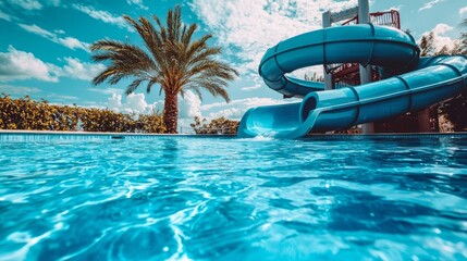 Obraz premium Sunlight dances on the clear turquoise water of a pool, where a vibrant water slide awaits exhilarating adventures, framed by a lush palm tree swaying gently in the breeze