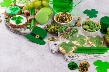 St. Patricks Day party food, green beer and shamrock