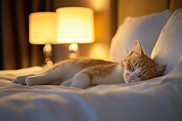 Relaxing Cat Sleeping Peacefully on Soft Bed with Warm Ambient Light from Lamps