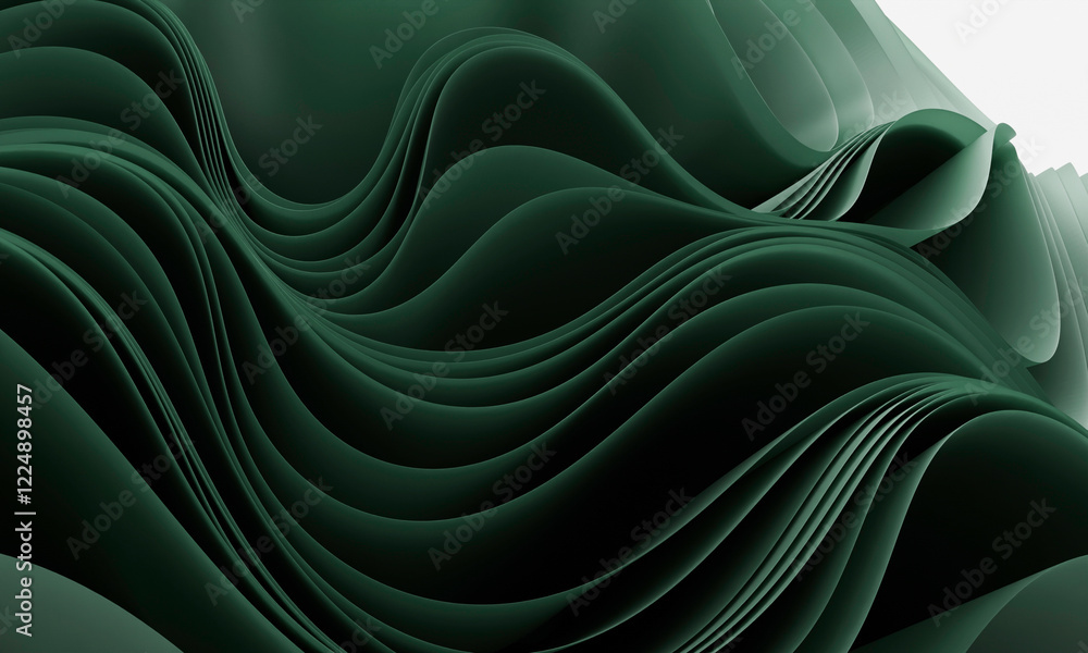 Poster dynamic abstract composition of green waves with layered curves, symbolizing nature and fluidity
