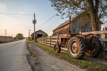 Rustic Charm: Old Tractor on Country Lane Stock Photo