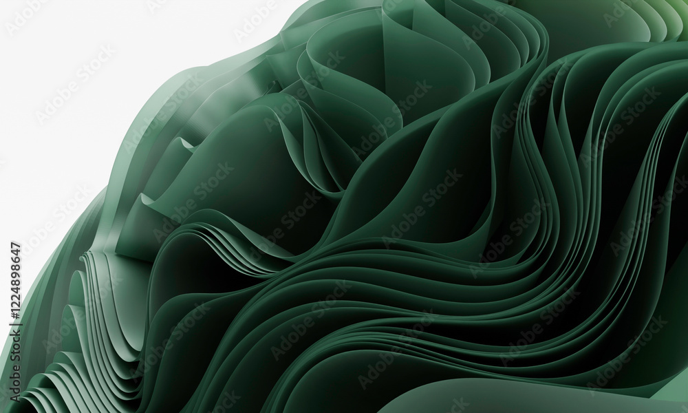 Poster abstract green waves: a detailed view of layered curves creating a sense of movement and depth in mo