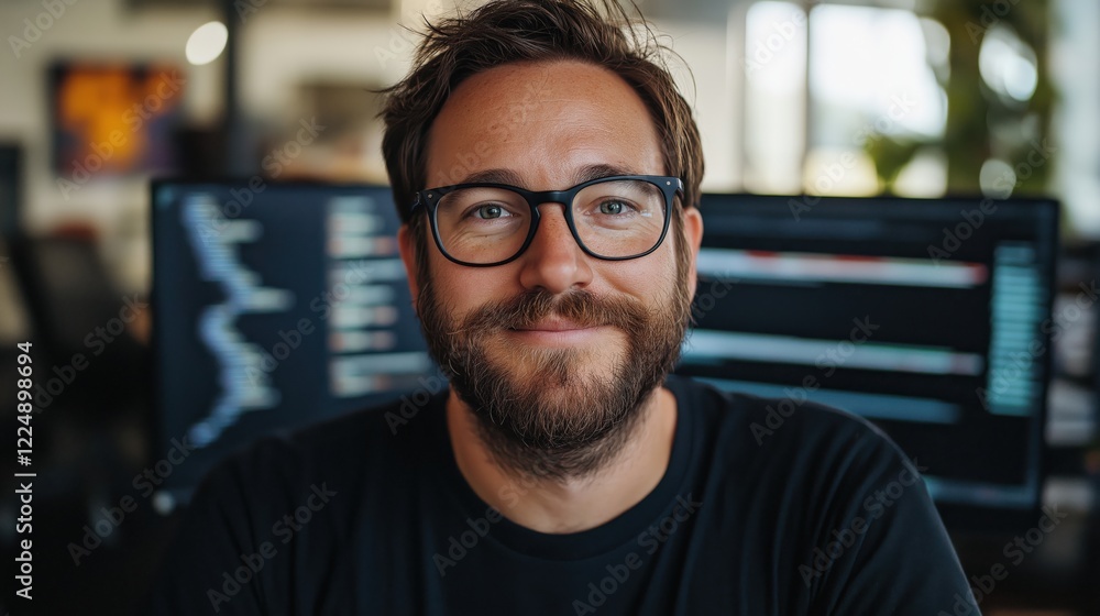 Poster professional male analyst in a modern office environment with data visualizations on screens depicti
