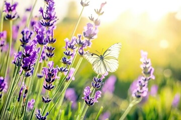 Butterfly on a Flower A monarch butterfly perched on a purple lavender flower under soft sunlight. 