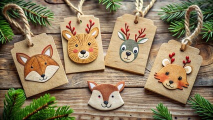 Rustic Christmas Gift Tags with Adorable Animal Characters: Vintage Documentary Style