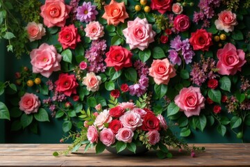 A vibrant floral arrangement of roses in a gray bowl sits on a rustic wooden table against a lush backdrop of various pink, red and purple flowers.