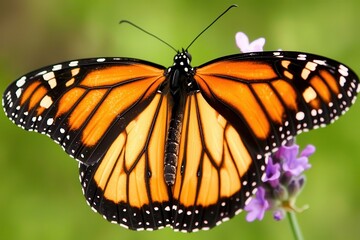 Fototapeta premium Butterfly on a Flower A monarch butterfly perched on a purple lavender flower under soft sunlight. 