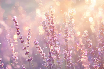 Obraz premium Lavender blossoms glowing in warm evening light with a bokeh effect