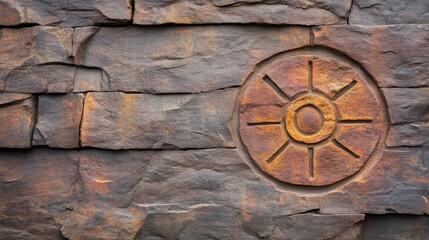 ancient rock art, showing symbols and geometric patterns, with faded red 