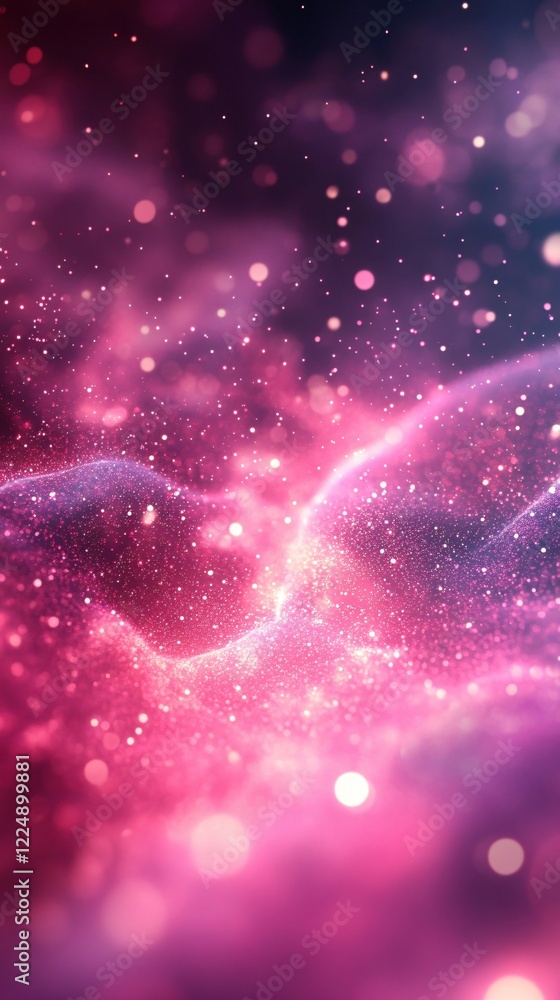 Poster pink and purple abstract background with glowing particles and soft bokeh effect light