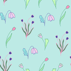 Beautiful spring seamless pattern with hand-drawn tulip and bluebell flowers in pastel shades. Lovely hand-drawn floral background 
