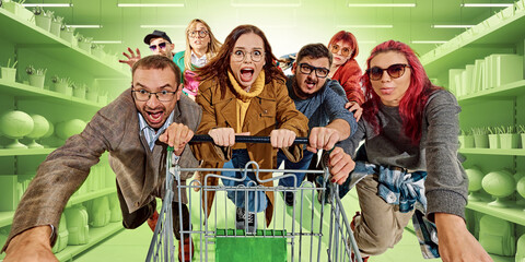 Group of people pushing shopping cart in green 3D supermarket, screaming with excitement. Crazy Black Friday shopping, discounts frenzy, rush for deals, dramatic emotions, and competition