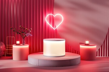 A 3D podium Valentine's Day background featuring pink, red, and white cylinder pedestals, a glowing neon heart-shaped backdrop, geometric platforms, and a minimal wall scene,  mockup. MZ
