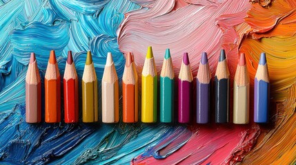 Colorful pencils aligned against vibrant background of swirling paint hues in an artistic workspace