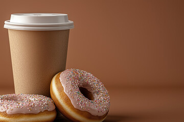 Delicious pink frosted donuts beside a coffee cup on a simple brown background in a cozy cafe setting