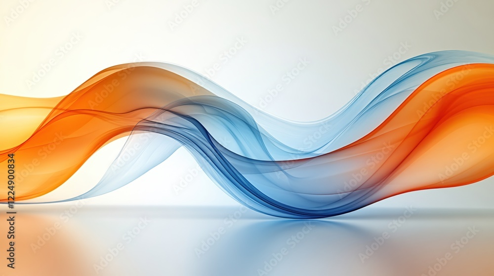 Poster abstract flowing wave of orange and blue hues on a light gradient background with soft reflections