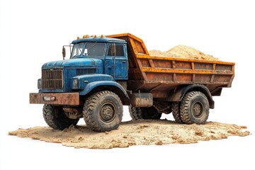 Dump Truck filled with sand isolated on white background. Dump Truck icon. Heavy Machinery. Construction Vehicle with sand. Dump Truck Design Element. Sand-filled Dump Truck isolated.