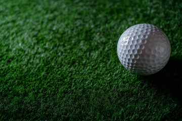 Fototapeta premium Golf ball resting on vibrant green artificial turf, showcasing texture and detail in a calm setting