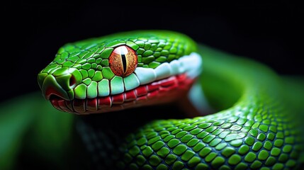 Close-up view of a vibrant green snake showcasing its intricate scales and striking eyes in a dark setting