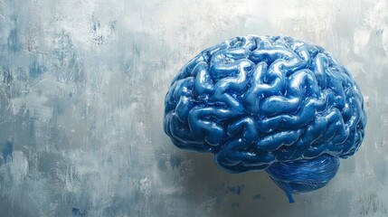 A matte-finished blue 3D brain with subtle glowing effects, isolated on a gradient silver...