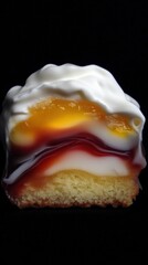 Layered dessert with jelly, cream, and sponge cake on a dark background