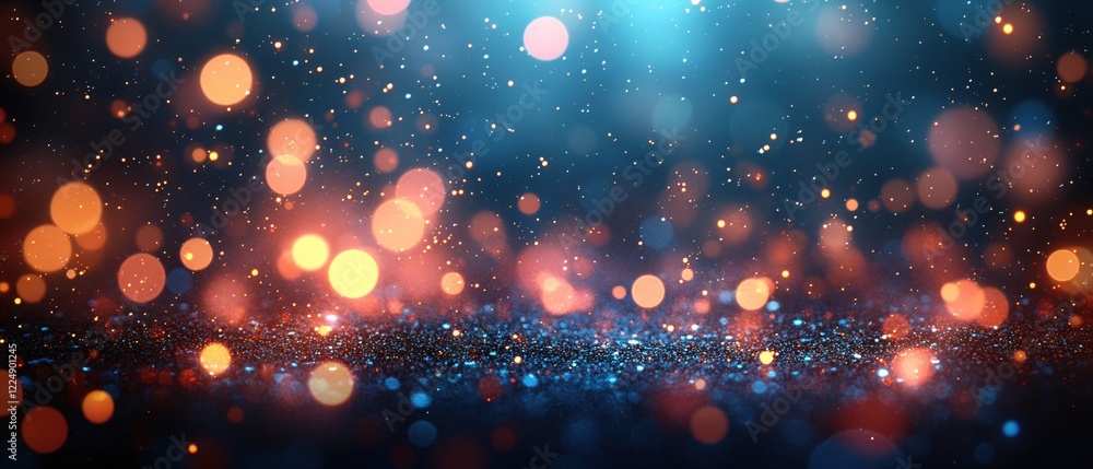 Poster abstract glowing bokeh lights on dark blue background with sparkling particles and soft focus